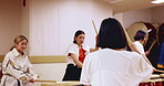 Taiko, rhythm or people with music drum in studio for performance practice or cultural rehearsal in Japan. Tradition, women band or teacher with bachi percussion demonstration for sound entertainment