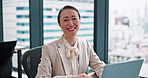 Laptop, professional and face of Asian woman in office for online research, website or proposal. Corporate, business manager and portrait of Japanese person on computer for planning, report or review