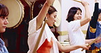 Music, drums and group of Japanese women in studio for class, performance or practice. Traditional art, taiko band and creative sound with bachi, demonstration or audio talent for percussion teaching