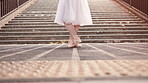 Ballet, dancer and feet of woman in city on stairs for performance, dancing and practice in town. Creative, entertainment and shoes of ballerina in Japan for movement, balance and artistic talent