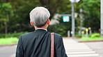 Walking, back and businessman in morning, travel and commuting to work, street and journey for employee. Outdoor, worker and corporate person on road, professional and lawyer in city and Japan