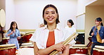 Japanese, woman and music teacher with students for practice, taiko tradition or culture. Portrait, asian musician or female person with confidence for music lesson on percussion instrument in Japan