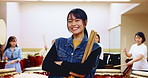 Japanese, woman or music teacher with drumsticks for practice, taiko tradition or culture. Portrait, asian musician or female person with confidence for music lesson on percussion instrument in Japan