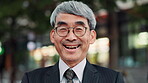 Night, businessman and face in city with glasses, happy and pride for career development in Japan. Mature Asian man, smile and dark in Osaka for commute, late work and pleased for reached deadline