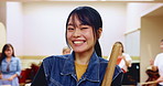 Drum, music and face with Japanese woman in studio for band practice, ceremony rehearsal and festival celebration. Show, rhythm and traditional instrument with portrait of person in taiko class