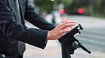 Hands, bike and man with phone in city for location, map app or typing email on commute in Japan. Bicycle, mobile and business person travel on electric transport, scroll and check direction closeup