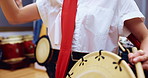 Instrument, taiko and person with drums, performance and professional with talent for religion and artist. Serious, skills and Japanese woman with energy, playing and practice for culture and music