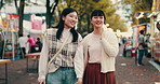 Travel, Japanese women and friends with happiness, outdoor and bonding together with holiday. Asian people, city and girls with conversation, explore and laughing with adventure, journey and vacation