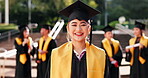 Face, Japanese and woman at graduation outdoor with education, achievement and university certificate. Happy, student and diploma with award celebration, studying success and academic event in Japan
