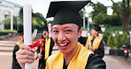 Graduation, diploma and selfie for success, achievement or goals at college celebration. Happy Japanese man, diploma or education award for hope, winning students and smile for academy scholarship