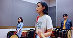 Playing, taiko and group with instrument, art and energy for practice, performance and traditional. Talent, drummer and Japanese people with passion for culture, music and spiritual expression