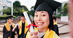 Graduation, certificate and selfie for success, achievement or goals at college celebration. Happy Japanese woman, diploma or education award for hope, winning student and smile for academy class