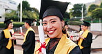 Graduation, excited and selfie for education, achievement or goals at college celebration. Happy Japanese woman, diploma or award success for hope, winning student and smile for academy scholarship