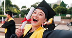Scholarship, excited and selfie for education, achievement or goals at college celebration. Happy Japanese woman, diploma or award success for hope, winning student and smile for academy graduation