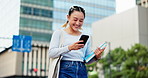 College student, girl and phone in street, happy and texting with mobile app, walk and campus in city. Woman, person and smartphone with books, travel and laugh with contact on social media in Japan