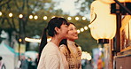 Festival, map and Japanese people at market for culture celebration, tourism event and spring season. Street vendor, hanami holiday and traditional with Asian friends and notice board for location