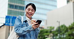 Woman, phone and happy with coffee in city, travel or surprise with mobile app in street. Girl, person and smartphone on commute, tourism and notification for funny meme on social network in Japan