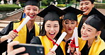 Graduation, students and selfie with certificate on campus for ceremony celebration or education milestone. Japanese people, excited friends or group with video call for success or achievement memory