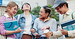 Phone, friends and group of students laugh at social media meme, gif pr study break in Japan. College, mobile or Asian people together for learning, talk or excited for exam results at campus outdoor