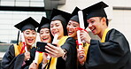 Graduation, students or selfie with certificate at university for ceremony celebration or education milestone. Japanese people, excited friends or video call outdoor for success or achievement memory