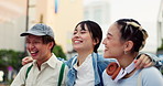 Friends, students and laughing on walk in city with joke, memory and hug on commute to college. Women, man and group with smile, chat and gossip on urban sidewalk for travel to university in Japan