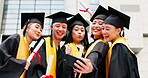 Graduation, students and selfie with diploma at university for ceremony celebration or education milestone. Japanese people, excited friends and low angle video call for success or achievement memory