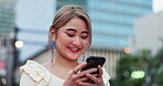 Woman, phone and city for chat in Japan, contemplating message and online for social media. Female person, outdoor and network app on urban adventure, thinking and internet for communication or text
