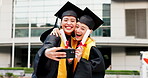 Graduation, women and selfie with diploma at university for ceremony celebration or education milestone. Japanese students, excited friends and hugging on video call for success or achievement memory