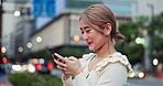 Woman, phone and city for texting in Japan, typing message and online for social media. Female person, outdoor and communication app on urban adventure, website and internet for travel connection