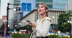 Woman, phone and thinking in city of Japan, contemplating message and online for social media. Female person, outdoor and network app on urban adventure, ponder text and internet for communication