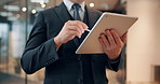 Hands, tablet and person in office with pen in corridor, planning or problem solving with app at company. Japanese employee, touchscreen and review for feedback with writing notes at insurance agency