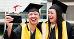 Graduation, students and selfie with laughing at university for diploma ceremony or education milestone. Japanese people, excited friends and cheering on video call for success and celebration memory