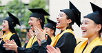 Graduation, friends and applause for success, achievement or goals at college celebration. Happy Japanese people, clapping hands and education for hope, winning students and smile for academy class
