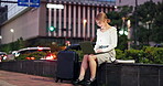 City, laptop and travel with businesswoman at night for graphic design, research or web development. Computer, planning and suitcase with Japanese employee in urban town as professional editor
