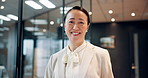 Happy, tablet and face of business Asian woman in office with company pride, confidence and smile. Corporate career, professional manager and portrait of Japanese person on digital tech for research