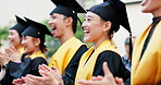 Graduation, class and applause for success, achievement or goals at college celebration. Happy Japanese people, clapping hands and education for hope, winning students and smile for academy friends