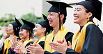 Graduation, class and clapping hands for success, achievement or goals at college celebration. Happy Japanese people, applause and education for hope, winning students and smile for academy friends