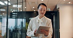 Walking, office and business woman with tablet, typing and online schedule planning in lobby. Search, scroll and Japanese businesswoman at corporate agency with digital app, agenda or website report