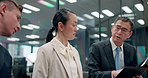 Men, woman and group with documents in office at night, talk and review for project at insurance agency. Japanese business people, team and folder with discussion, paperwork and feedback at company