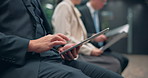 Businessman, tablet and hands typing in office for email, notification and update calendar app. Person, tech and colleagues waiting in Japanese workplace with meeting agenda, contact and productivity