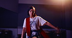 Playing, taiko and woman with drums, dark and professional with sticks for performance and talent. Serious, artist and Japanese person with instrument, energy and practice for culture and music
