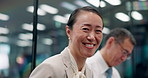Laugh, face and Japanese businesswoman in office with pride for company, about us and career growth. Happy, confident and portrait of professional female financial advisor with joke in workplace.