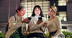 Phone, city friends and group of students on social media, study break or smile at night in Japan. College, mobile and Asian people together on chat app online, talking and check assignment deadline