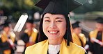 Face, excited and woman at graduation outdoor for education achievement, university certificate and future. Happy, girl and student with hat for celebration, study success and academic event in Japan