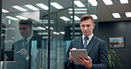 Tablet, walking and businessman in office with research for company legal policies on website. Digital technology, serious and male labor lawyer reading online severance agreement for legal dispute.