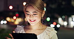 Tablet, city and Asian woman at night on internet for social networking, website and online website. Happy, smile and Japanese person on digital tech for search, reading news and connection in town