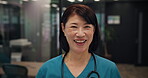 Japanese, woman and face of nurse for hospital, medical service and smile for about us with pride. Healthcare, female person and cardiologist in portrait for ambition, confidence and career in Tokyo