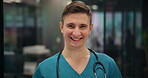 Smile, man and face of nurse for healthcare, medical service and mission for about us with pride. Hospital, male person and happy cardiologist in portrait for ambition, confidence and career in Japan