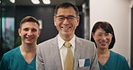 Happy, doctor and internship with medical team, confidence or ambition for healthcare service at hospital. Portrait, group or health workers with smile for development or clinic program in Japan