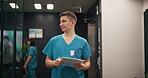 Walking, man and nurse with clipboard for healthcare, checklist and medical information with smile. Hospital, male person and surgeon with document for diagnosis, review and filling forms in Japan